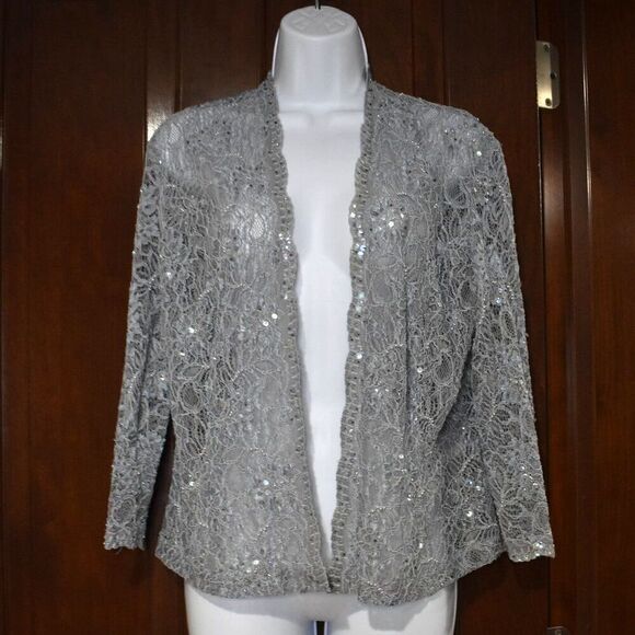 Karen Miller VTG Sequin Blazer L Light Blue Sheer Open Cardigan Glam Beaded - Picture 16 of 16